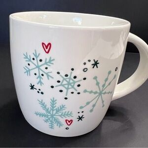 Starbucks Winter White Green Snowflake Red Heart 14oz Coffee Tea Mug